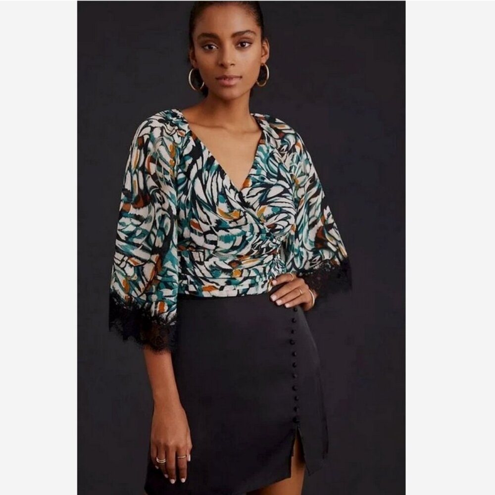 ANTHROPOLOGIE Flutter-Sleeve Wrap Top NWT Size Small Black Lace